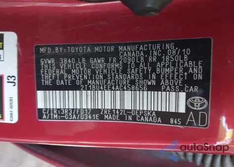 2010 Toyota Corolla S из США, поврежденный, VIN 2T1BU4EE4AC458656